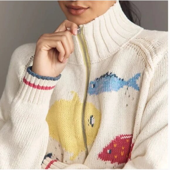 Anthropologie Pilcro Zipper Closure Knit Cardigan Fish Sweater size L - Picture 3 of 7
